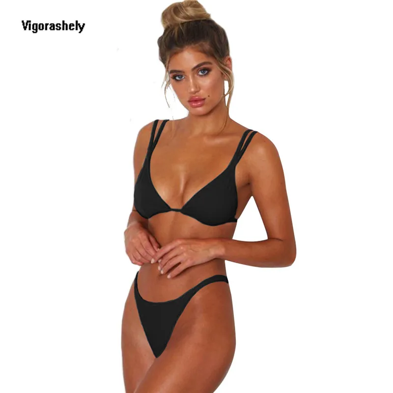 

Vigorashely Sexy Black Bikini Set Thong String Swimsuit Women Summer Bandage Push Up Swimwear Bathing Suit Swim Wear