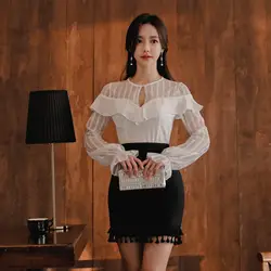Женские комплекты из двух предметов, прозрачная блузка в полоску с оборками, мини-юбки, Элегантные корейские сексуальные вечерние офисные