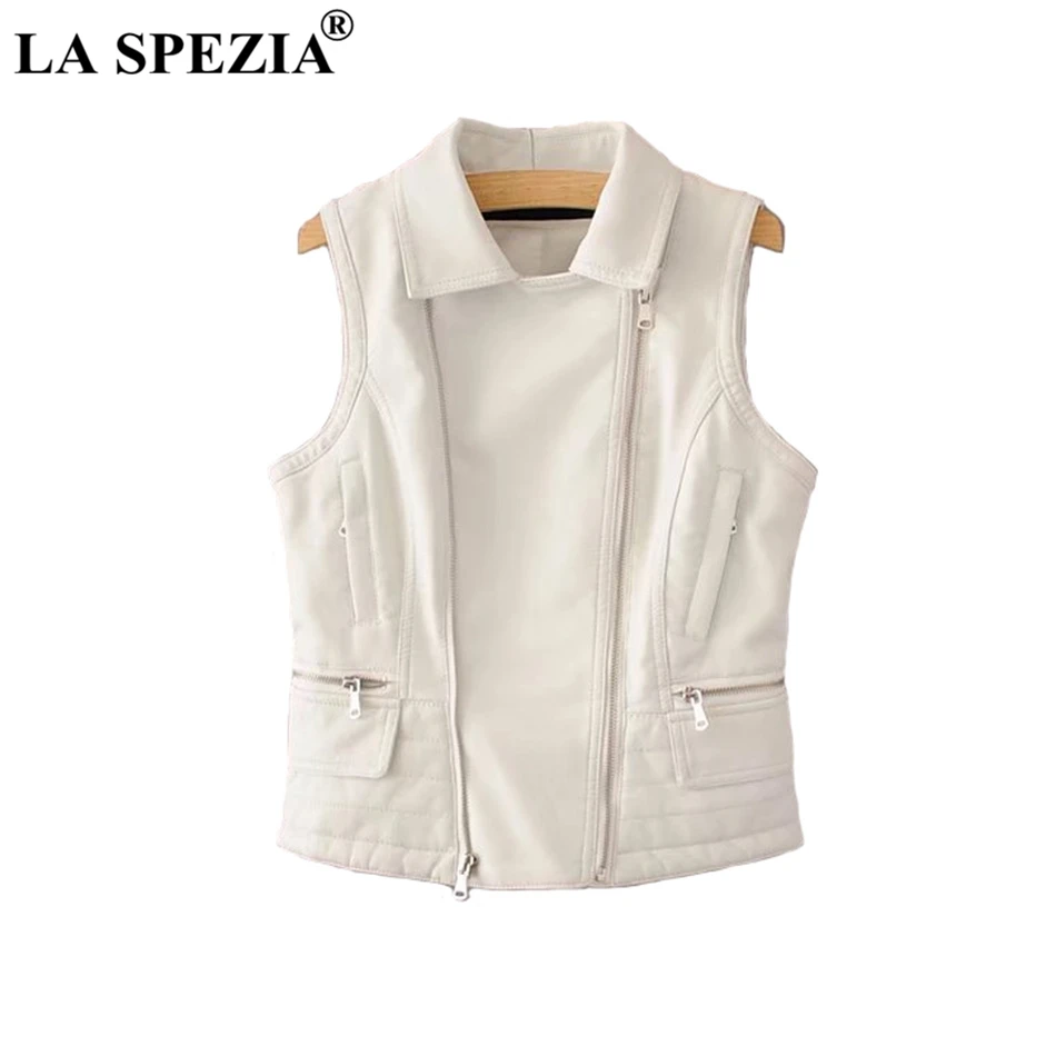 LA SPEZIA Black Waistcoat Women Biker Punk Vest Female Zipper Pockets Faux Leather Slim Fit Motorcycle Autumn Sleeveless Jacket