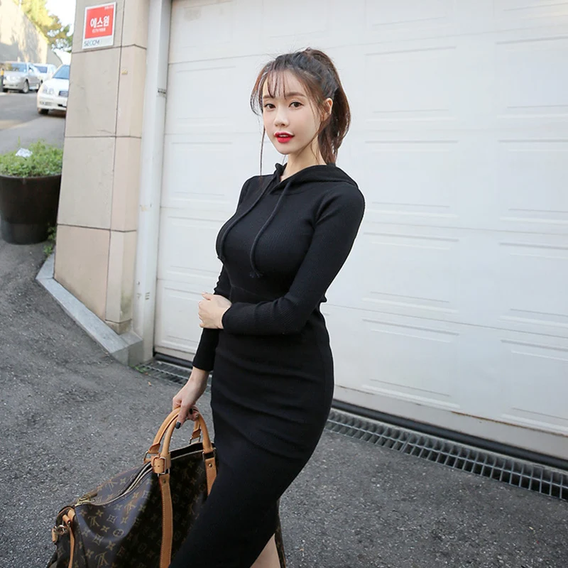 

CINESSD Sexy Long Maxi Wrap Dress 2019 Women Autumn Knitting Cotton Black Hooded Long Sleeve Holiday Bodycon Dress Vestidos