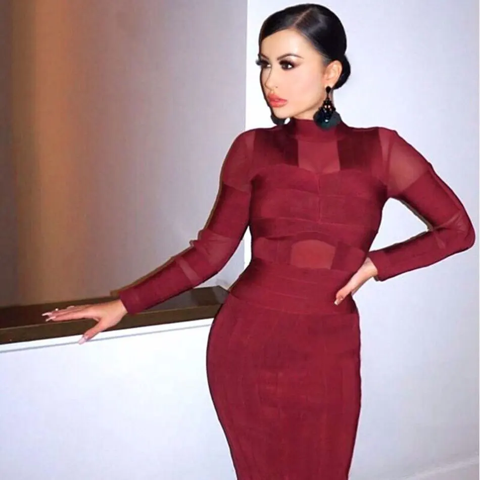 

2016 New Winter Women Sexy Bandage Dress Mesh Wine Red High Neck Long Sleeve Celebrity Party Bodycon Vestidos High Quality