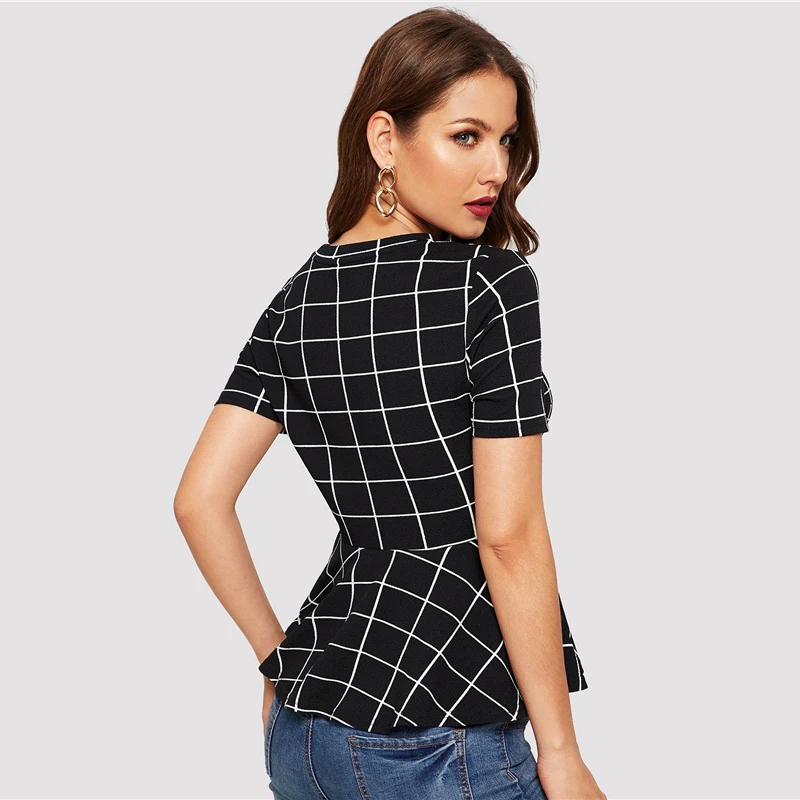 SHEIN Grid Print Peplum Hem Slim Fitted Blouse Women Summer Short Sleeve Workwear Office Lady Elegant Plaid Top Blouses