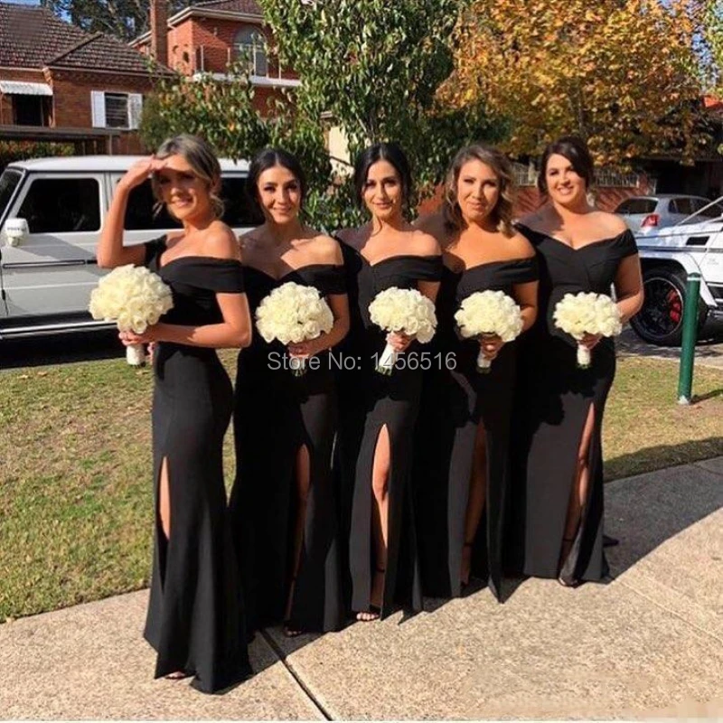 2018 Black Bridesmaid Dresses For Western Garden Boho Weddings A Line Elegant Off Shoulders Split Maid of Honor Gowns Cheap (1)