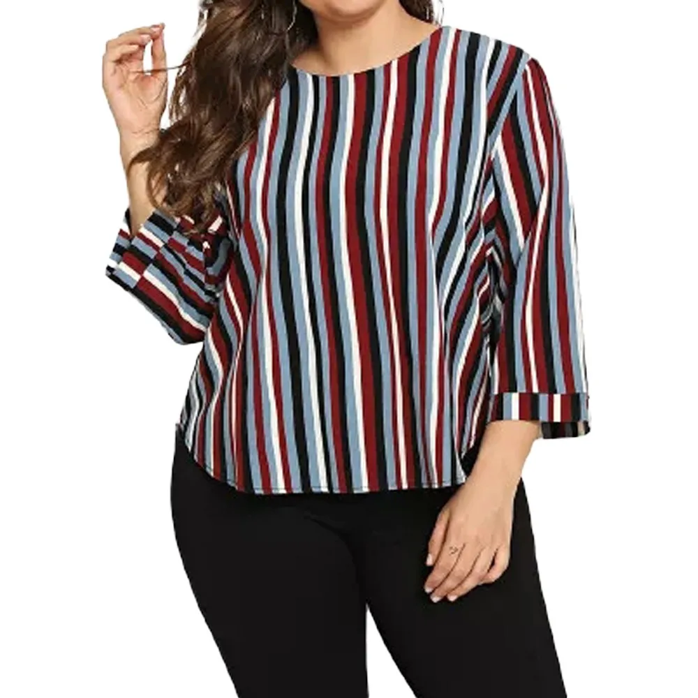 

Women Large Size Striped Blouses Tops Spring Loose Round Neck Long Sleeve Top Shirt Oversize Casual Shirt Roupa Feminina #10T
