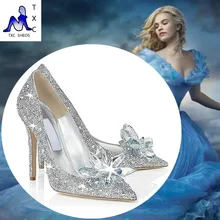 2016 Cinderella glass slipper with money pointed high-heeled leather fine with rhinestone sequins glass bridesmaid wedding shoes