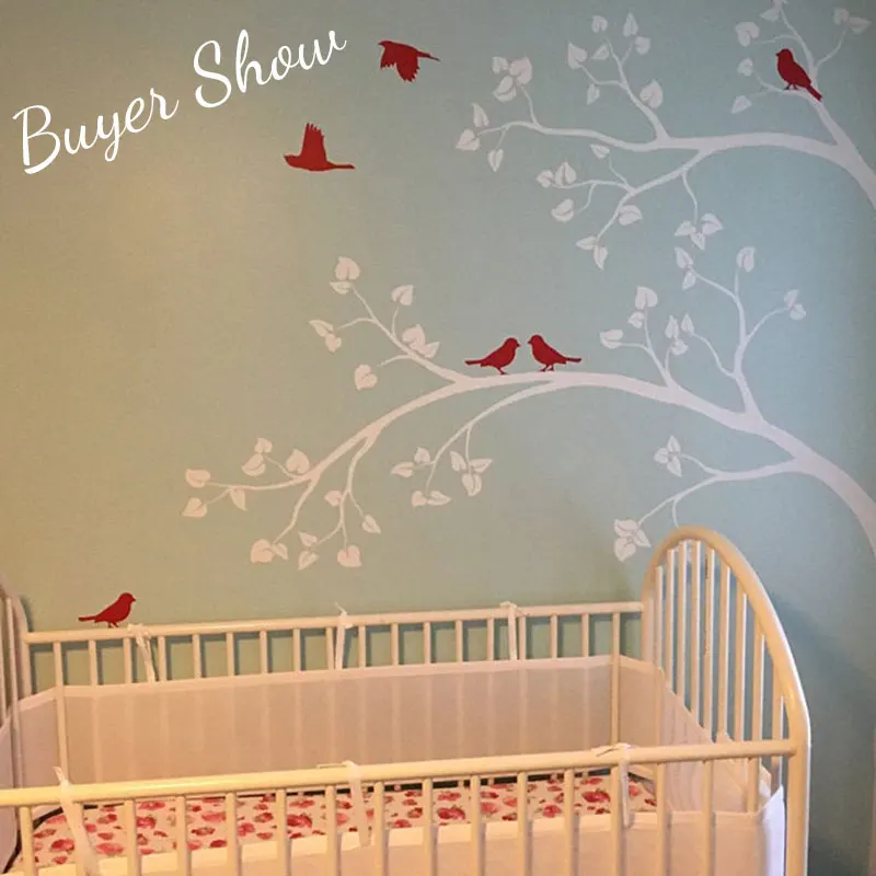 Large Size Corner White Tree With Leaves And Birds Wall Sticker Vinyl Home Decor Nursery Kids Baby Bedroom Decals Murals 3522