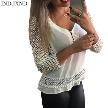 

INDJXND New Autumn Ladies White Blusas Women's Long Sleeve Chiffon Lace Crochet Tops Blouses Women Clothing Feminine Blouse Hot