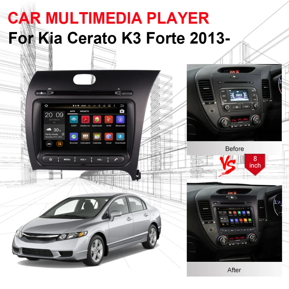 8 дюймов Android 0 Восьмиядерный 4 Гб + 32 ГБ Автомобильный GPS навигатор для Kia Cerato K3 Forte
