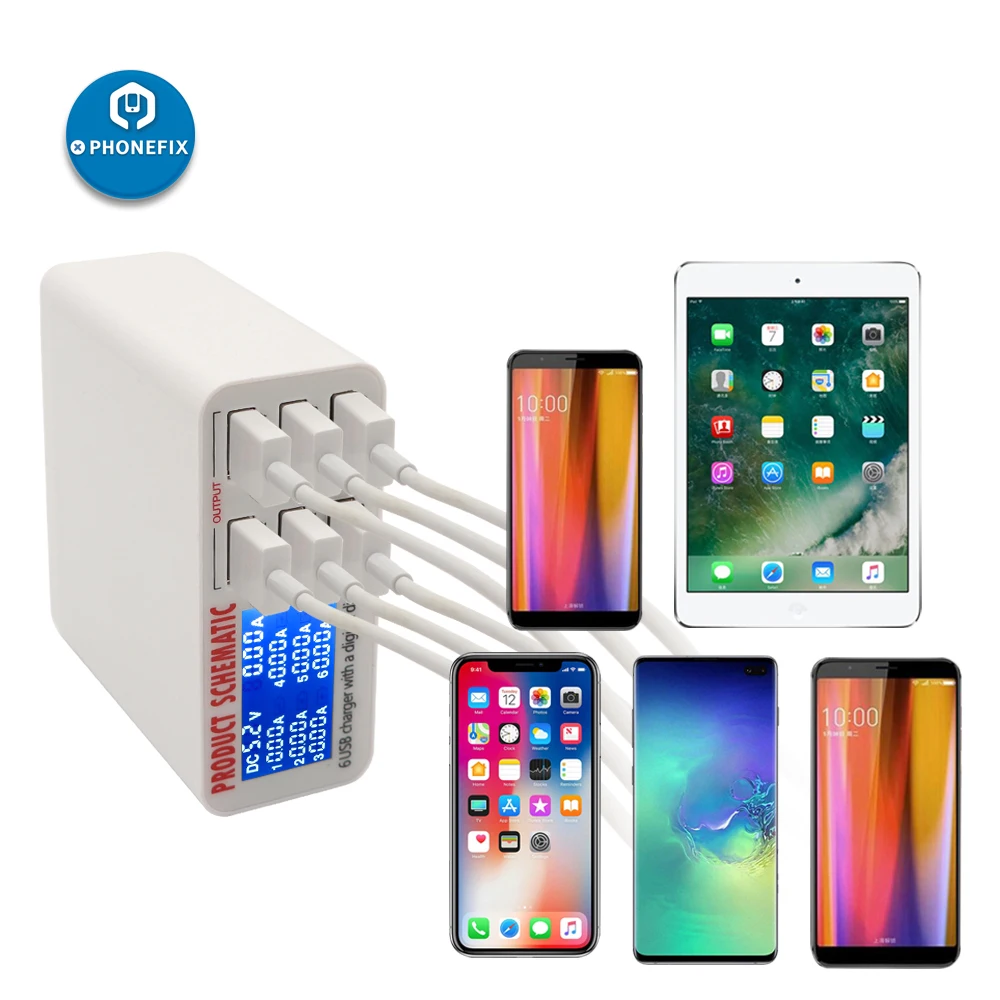 PHONEFIX 6 портов USB быстрое зарядное устройство EU US UK вилка для ремонта iPhone быстрая зарядная станция с ЖК-дисплеем зарядное устройство