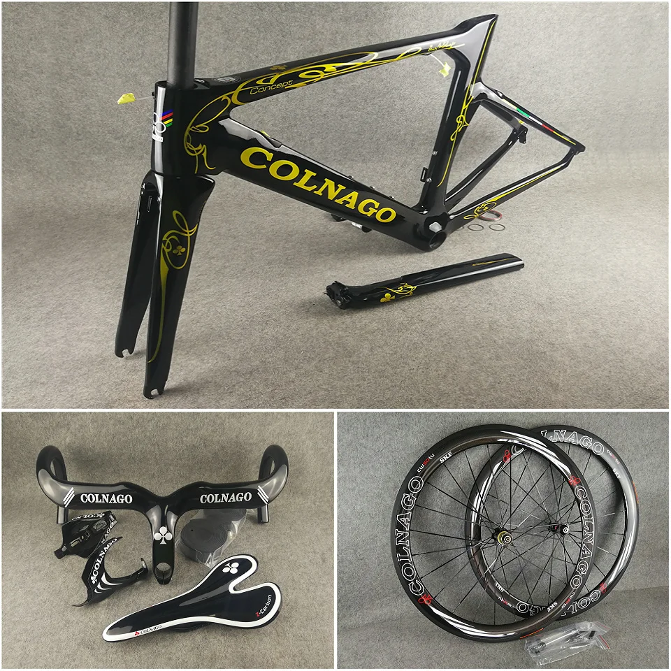 

Gold Black UD Colnago CONCEPT carbon road frames+Handlebar+Saddle+Water bottle cages 50mm carbon wheels with Novatec A271 hubs