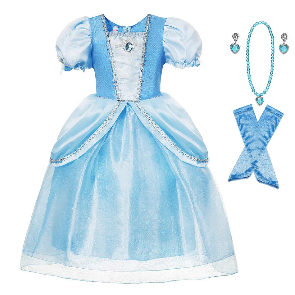 Одежда Золушки для девочек; детское Голубое Бальное Платье; вечерние платья принцессы на Хэллоуин; карнавальный костюм с перчатками; школьная одежда для игр - Цвет: Dress Set