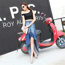 Новая модная тонкая Асимметричная длинная юбка-годе с оборками Женская джинсовая юбка с завышенной талией джинсы макси юбка