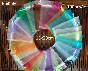 

Pouches 100pcs 15x20cm Drawable Drawstring Organza bag Wedding Christmas Gift Bags Jewelry Packaging & Display Organza bags