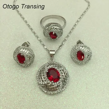 

Otogo Transing 2019 Party White Color Design Flower Jewelry Set Women Fashion Red Crystal Ring Earrings Necklace Mark-SSET206