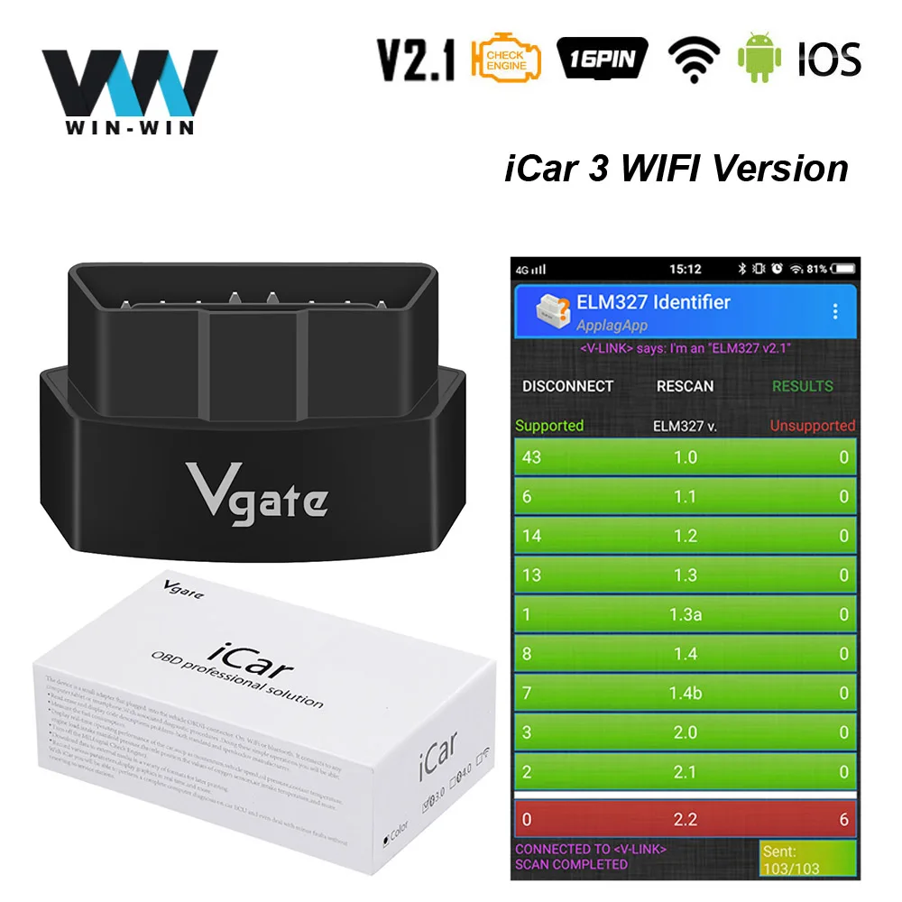 Vgate iCar3 ELM327 V2.1 OBD2 wifi сканер ELM 327 V2.1 OBD OBD2 автомобильный диагностический инструмент Easydiag лучше, чем Elm 327 V1.5 Wi-Fi