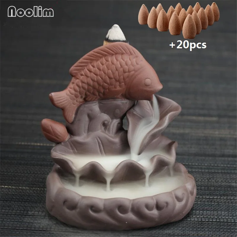 

Purple Clay Fish Backflow Incense Burner Holder Home Tea House Decor Aromatherapy Incense Stick Holder+20Pcs Free Incense Cones