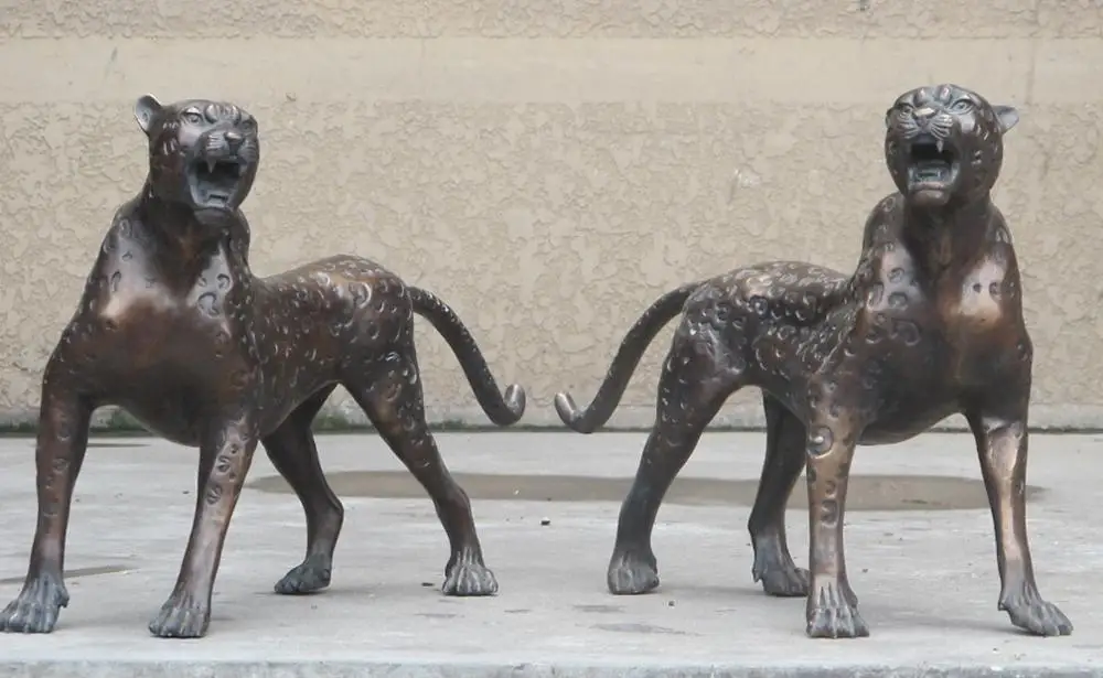 25Great CHINA ART HUGE Leopard Bronze Stand jaguar tiger PAIR Bao Zi