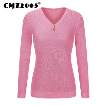 

Hot Sale New Style Women's Apparel Long Sleeve V-Neck Zipper Decorate Solid Color Fashion Winter Pullovers Knitted Sweater 16065