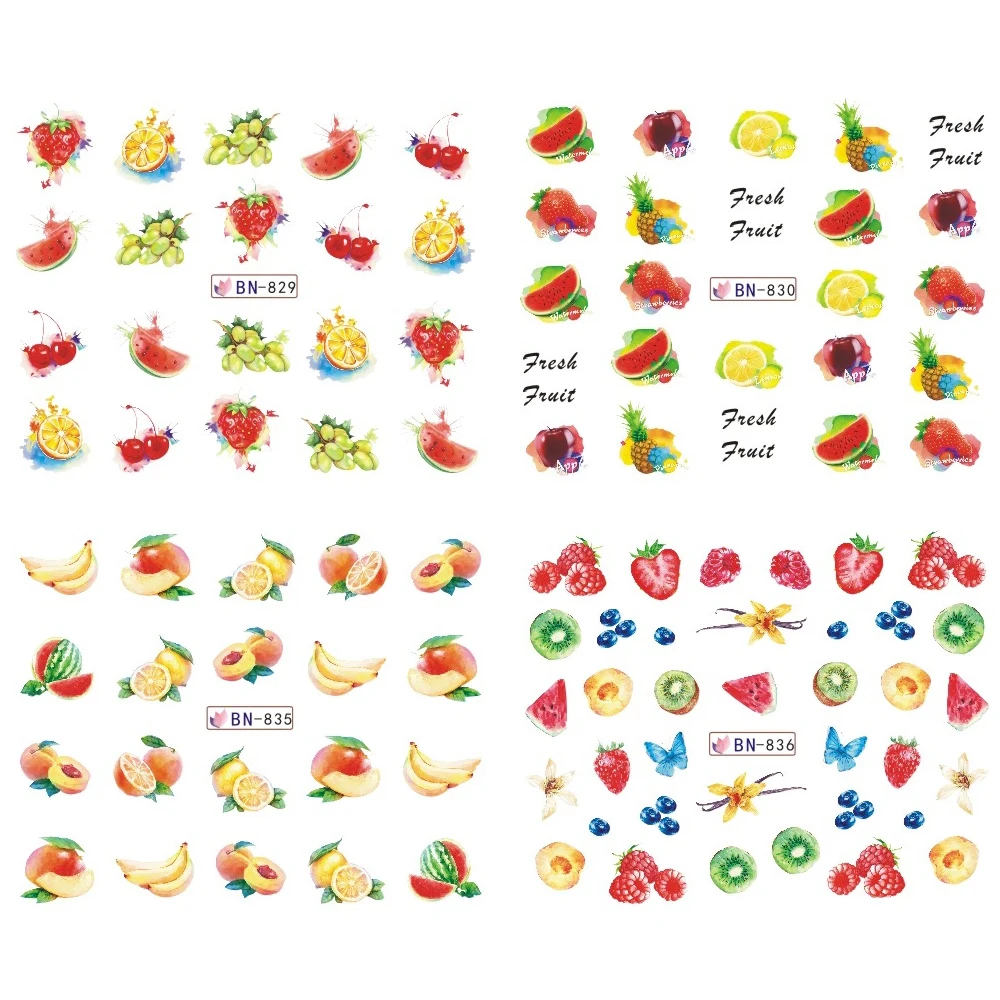 Смешанные 12 фруктов наклейки для ногтей набор лимон вода переводные наклейки Красочные слайдер Советы Дизайн ногтей арбуз Декор SABN829-840