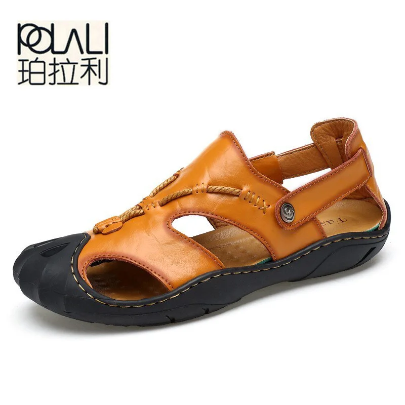 

POLALI Men Leather Sandals Outdoor 2018 Summer Handmade Shoes for Male Breathable Casual Footwear Slip On Walking Sandals