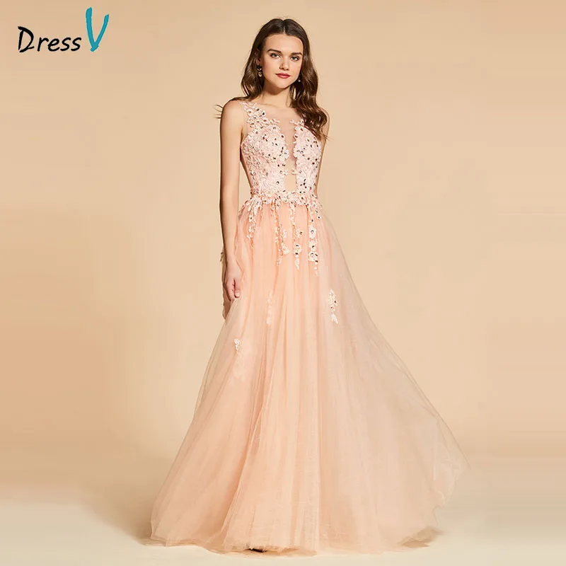 

Dressv evening dress a line elegant scoop neck appliques lace floor-length beading wedding party formal dress evening dresses