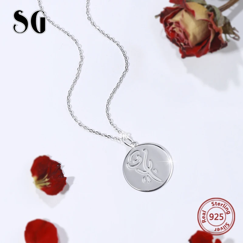 

SG 925 sterling silver rose necklace flower with Fashion round pendant necklace for women jewely gifts 2019 new arrival