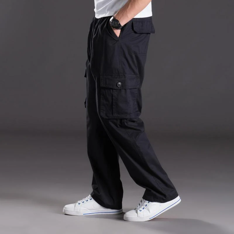 Летние мужские брюки карго из хлопка с карманами, большие размеры 8XL 10XL 9XL 140 кг, свободные, повседневные, стиль сафари, черные, 46, 48, 50