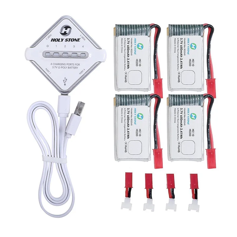 

Holy Stone Battery Charger 4 in 1 Rechargeable Li-Po Batteries 4Pcs 3.7V 650mAh for RC Quadcopter Drone HS110 HS200 HS120 HS130