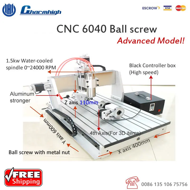 

Free shipping Adavanced CNC 6040GS + 4th Axis (1.5kw spindle 2.2kw VFD) Desktop 4 Axis 3D engraving CNC Router 110v 220v