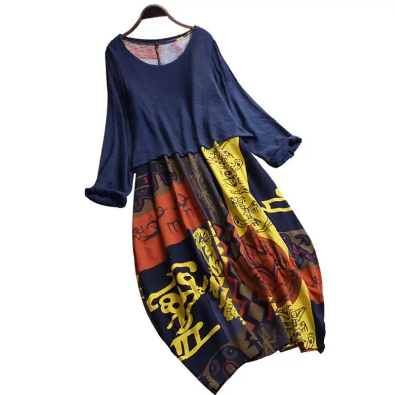 

New 2019 Women Ladies Two-piece Dress Cotton Linen Dress Baggy Retro Floral Kaftan Sundress