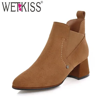 

WETKISS Thick High Heels Ankle Women Boots Pointed Toe Footwear Cow Suede Female Boot Shoes Women 2018 New Black Plus Size 43