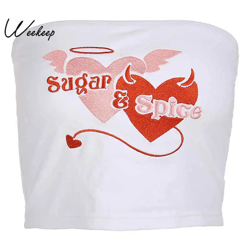 

Weekeep Sexy White Print Embroidery Tube Top Women Strapless Cotton Bandeau Top Streetwear Bodycon Crop Top Summer Boob Tube