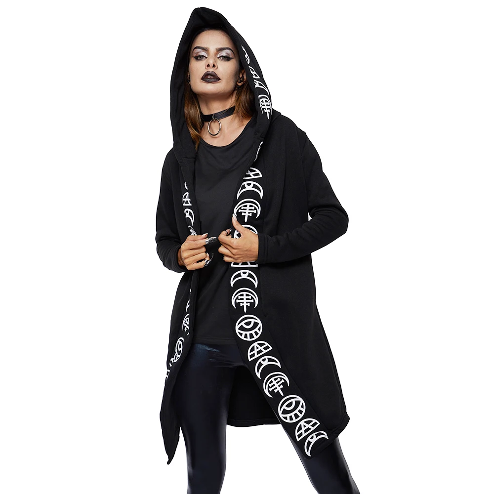 Billige 2019 frühling Gothic Casual Kühlen Chic Schwarz Plus Größe Frauen Sweatshirts Lose Baumwolle Mit Kapuze Plain Drucken Weibliche Punk Hoodies Hexe