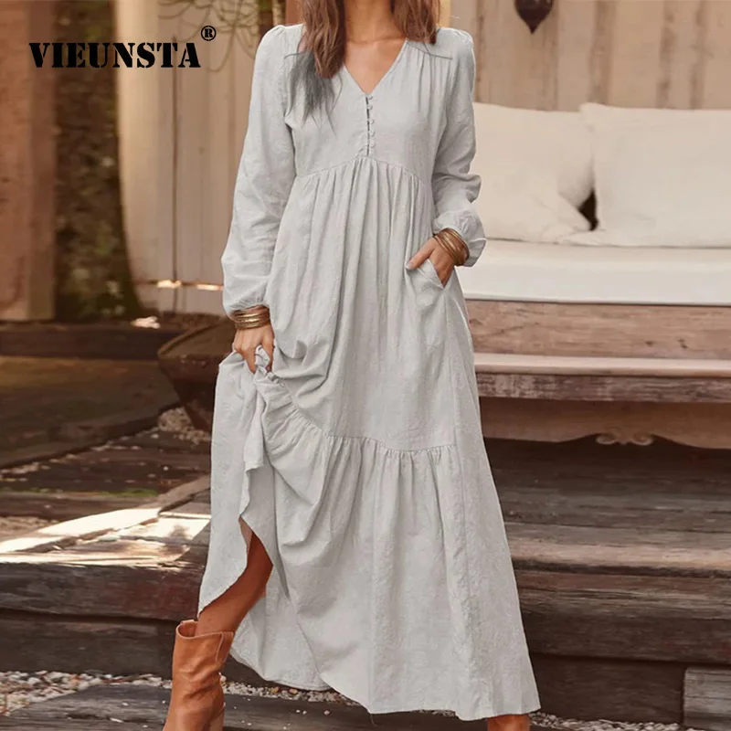 

VIEUNSTA Women Casual Long Sleeve Pleated Party Dress Elegant V-neck Pocket Long Beach Dress Fashion Autumn Summer Dress Vestido