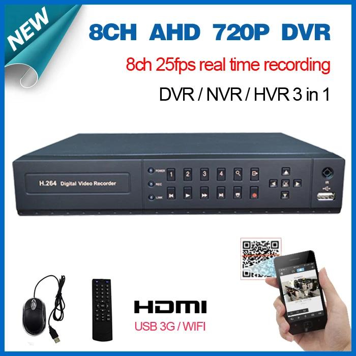 HD 8channel AHD 720P 25fps realtime HDMI 1080P 8ch cctv wifi Hybrid dvr NVR recorder HI3521A for home video surveillance system