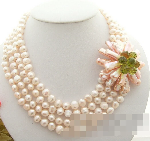 

huij 003552 4Strds White Pearl&Pink Biwa Pearl&Green Crystal Necklace