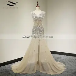 Глубокий V шеи с открытой спиной Шампанское тяжелое вышитый бисером Bling русалка сексуальное платье для выпускного вечера 2018 vestidos de fIesta