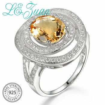 

L&zuan Round Natural 2.57ct Citrine Fine Rings for Women 925 Sterling Silver Ring Zirconia Paved Wedding Party Citrine Jewelry