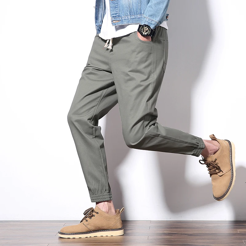 

Mens Cargo Pants Cotton Comfortable Solid Pencil Pants Drawstring Black Gray Joggers Fashion Casual Streetwear Trouser BINHIIRO
