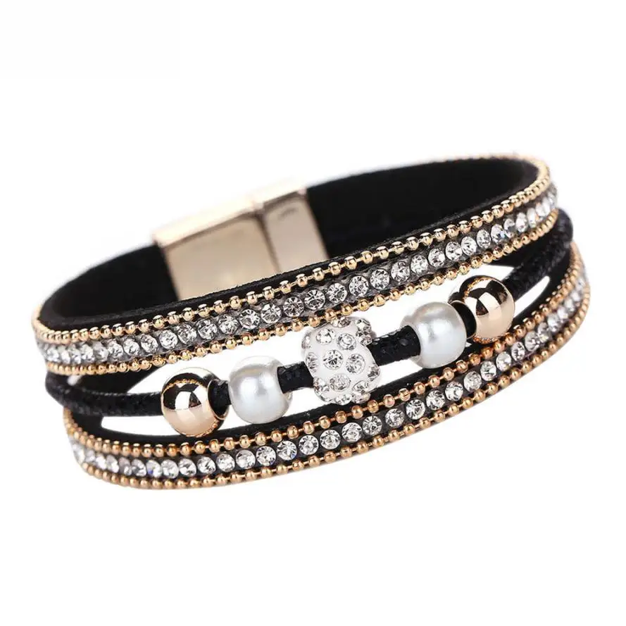 Mapletop Women Multilayer Bangle Bracelet Crystal Beaded Magnetic Wristband 
