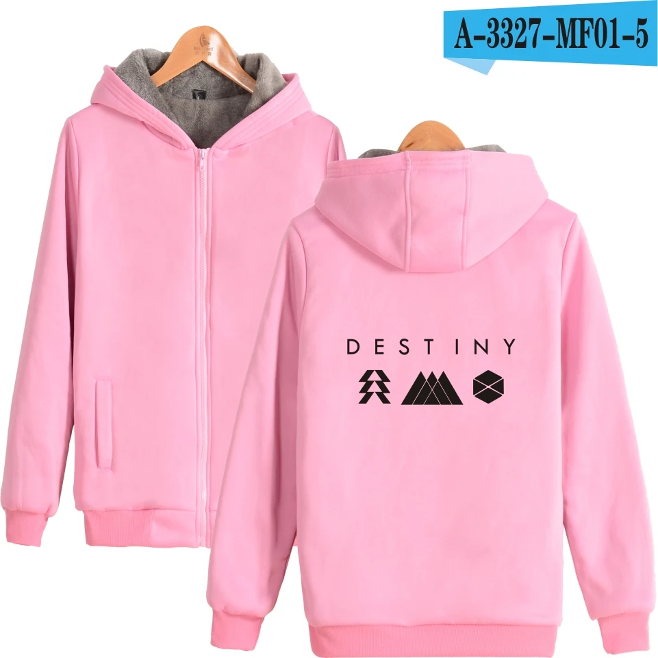 Толстовка с надписью Destiny на молнии, флисовая Зимняя Повседневная теплая мужские свитшоты, утепленные - Цвет: pink