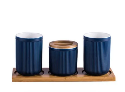 Керамика 4 комплекта ванной комнаты с бамбуковым поддоном набор мыла аксессуары для ванной комнаты держатель зубной пасты диспенсер - Цвет: Тёмно-синий