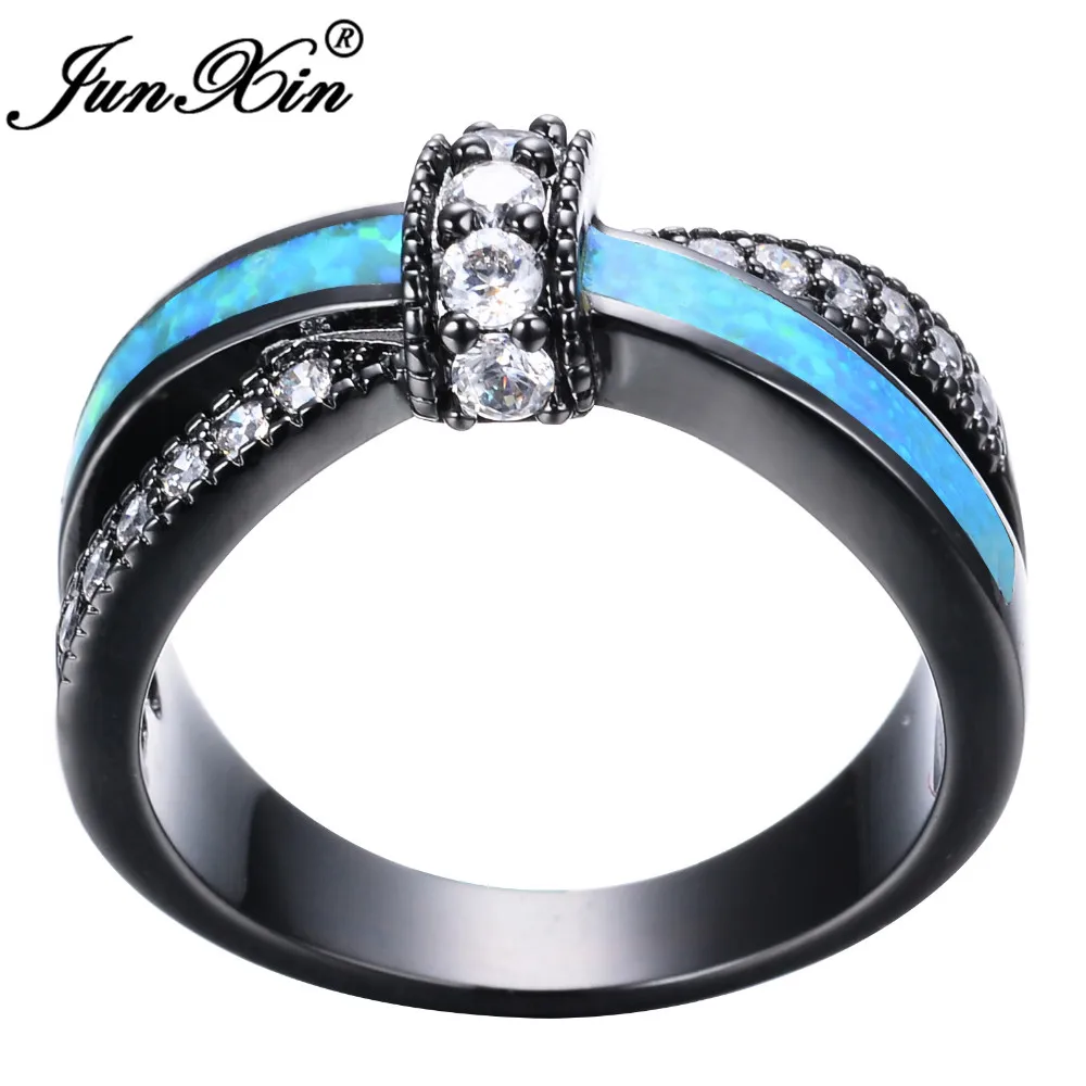JUNXIN уникальные ювелирные изделия Синий огненный опал кольца для женщин мужской черный золотой заполненный скрещенной формы Свадебная вечеринка Циркон обещающее кольцо