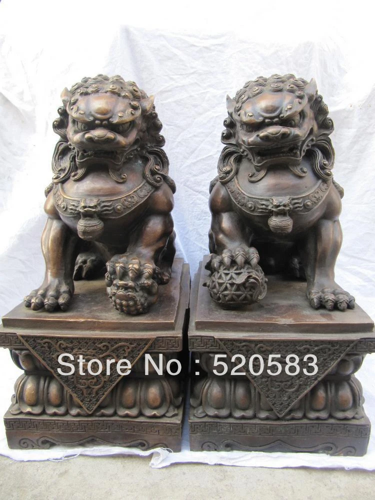 

17 Chinese pure red bronze sculpture lion foo dog beast door fengshui statue