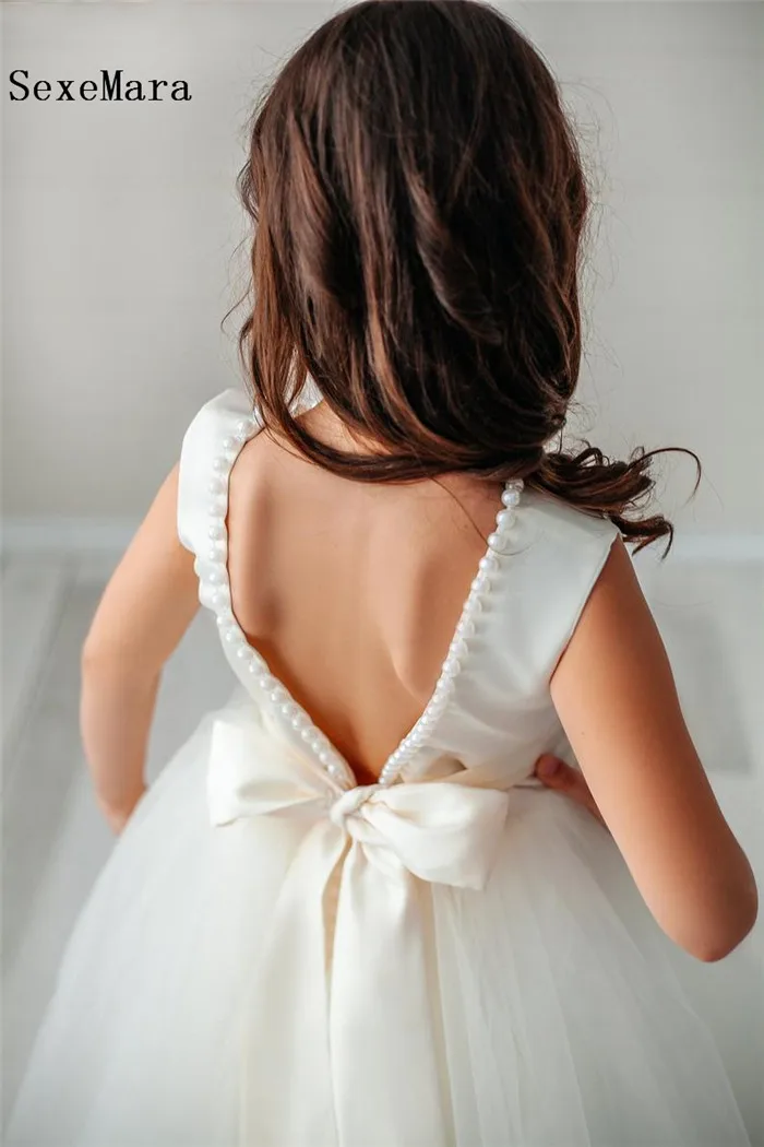 Белое Тюлевое платье для первого причастия с жемчужинами для девочек бальное платье с круглым вырезом, коллекция года, платье с цветочным узором для девочек на свадьбу, пышное платье для девочек, размер От 2 до 14 лет
