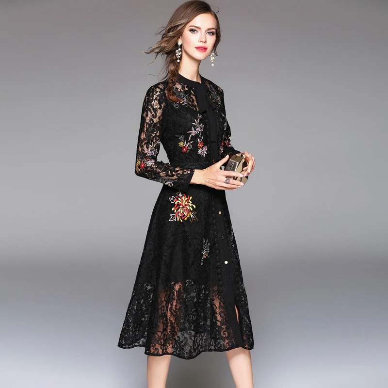 Europe Lace Dress Women Autumn Long Sleeve Elegant Casual Office Vestidos Verano Floral Striped Dress Embroidery Ladies Dresses Dresses