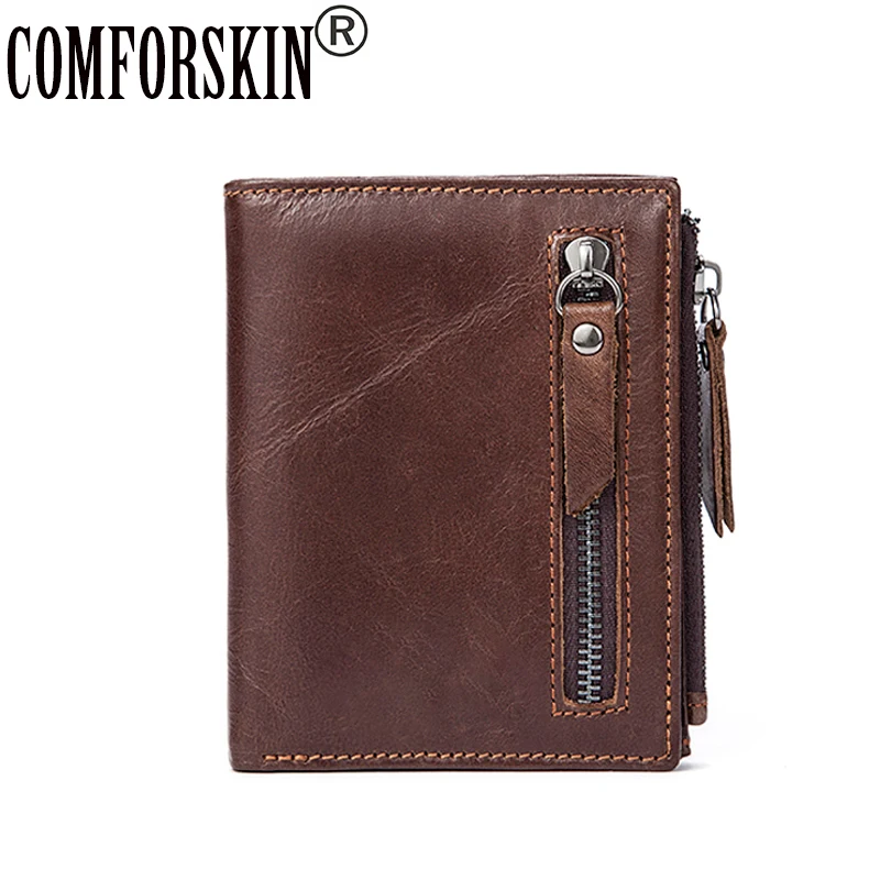

COMFORSKIN Brand Guaranteed Genuine Leather Business Short Men Wallet Luxurious Cowhide Short Two-fold Zipper Wallet For Men