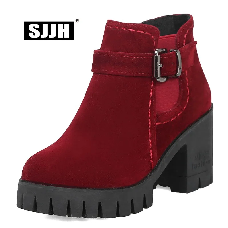 

SJJH Women Flock Ankle Boots with Round Toe Chunky Heels Platform Short Plush Slip-on Casual Boots Fashion Formal Shoes D718