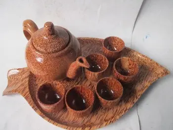 

A set of Exquisite Chinese wenge hand-carved teapot with six small cups