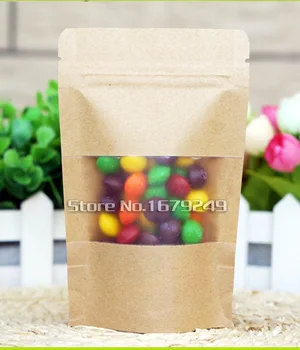 

9*14+3cm Bottom *140mic High Quality Food Kraft Paper Bags With pvc Window Stand Up With Zipper Bags Free Shipping 100pcs/lot